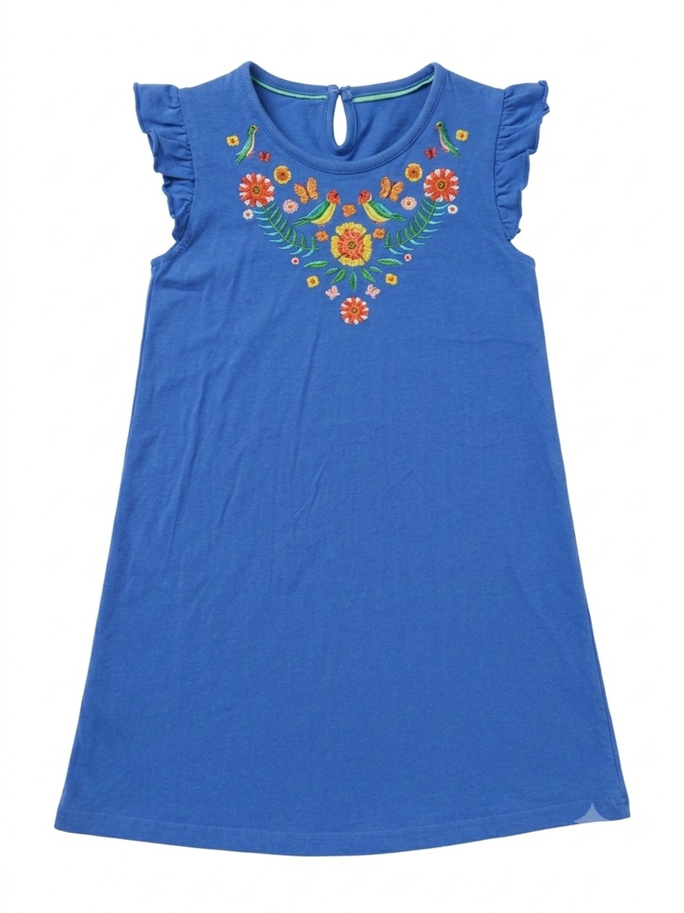 Girls' Blue Embroidered Flutter Sleeve Dress  Size 9